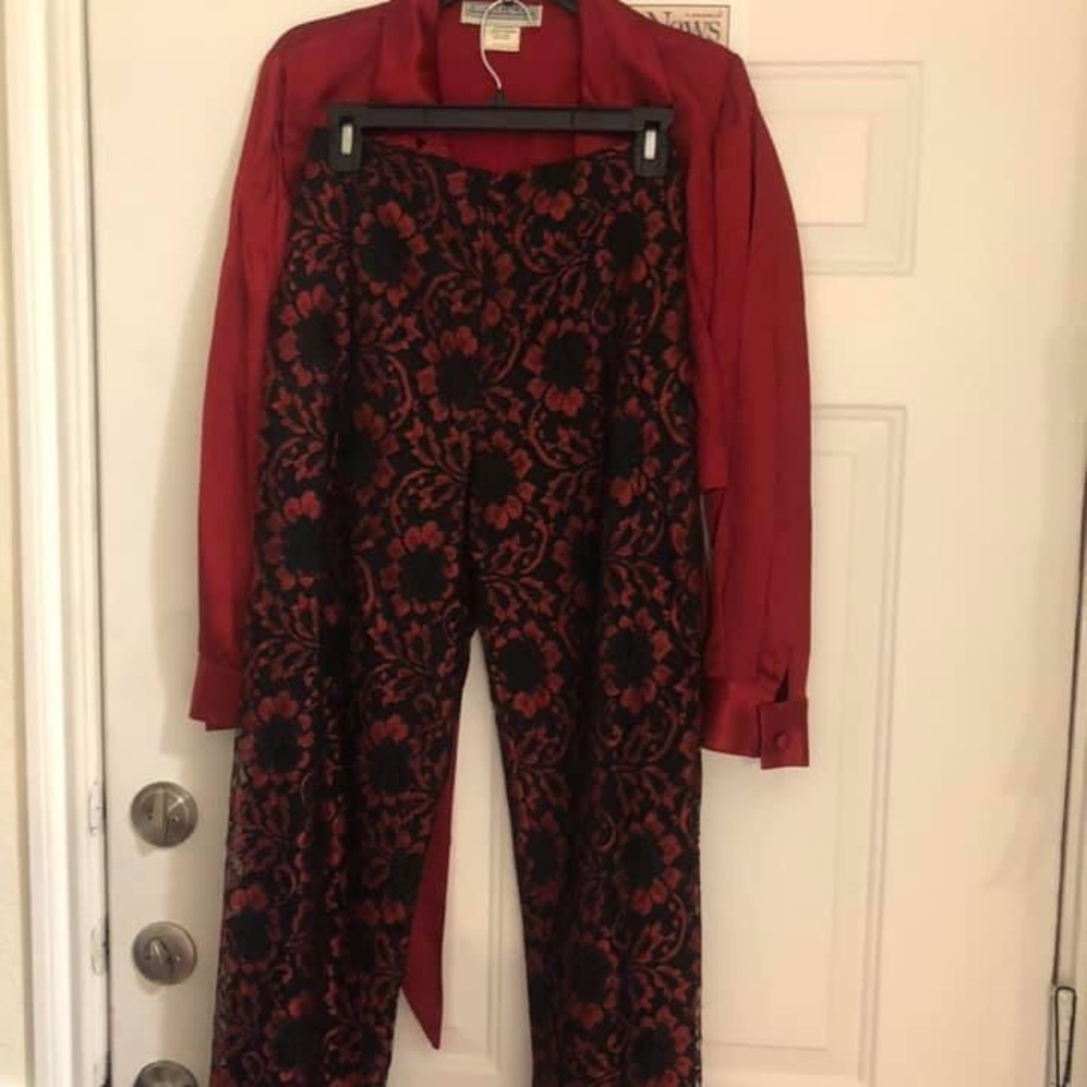 Black lace over straight leg pants with wrap around style too
